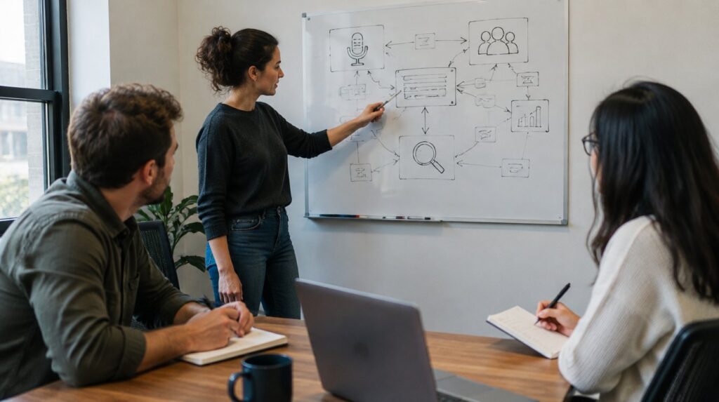 Marketing team mapping content channels on a whiteboard during a planning meeting